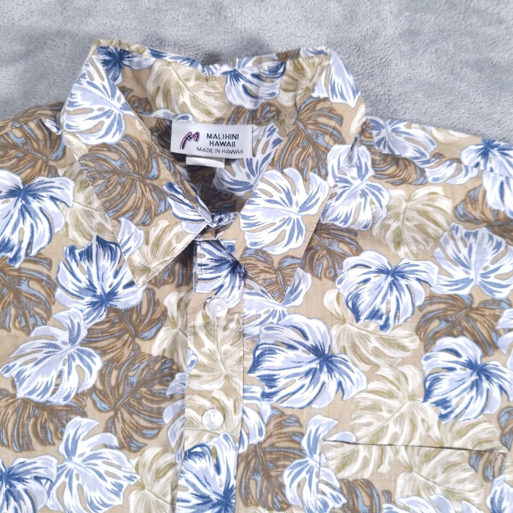 Malihini Hawaiian Shirt Mens XL Tan Blue Monstera Floral Cotton‎ Popover Aloha
